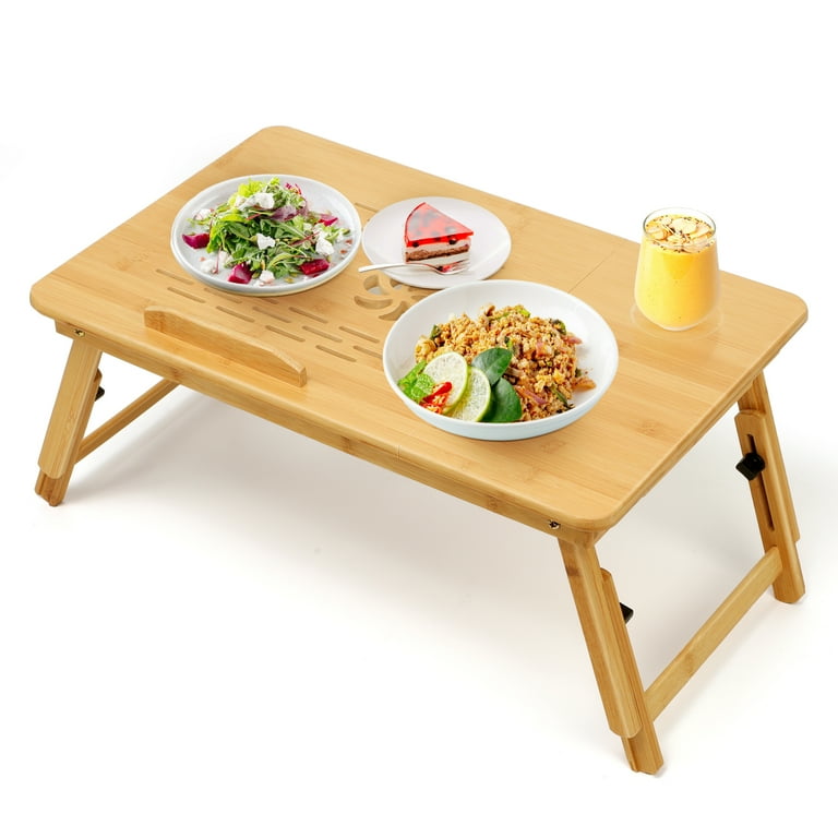 Qunler Lap Desk Naturally Bamboo Folding Bed Desk Adjustable Portable Laptops Tray Stand for Home 21 x13