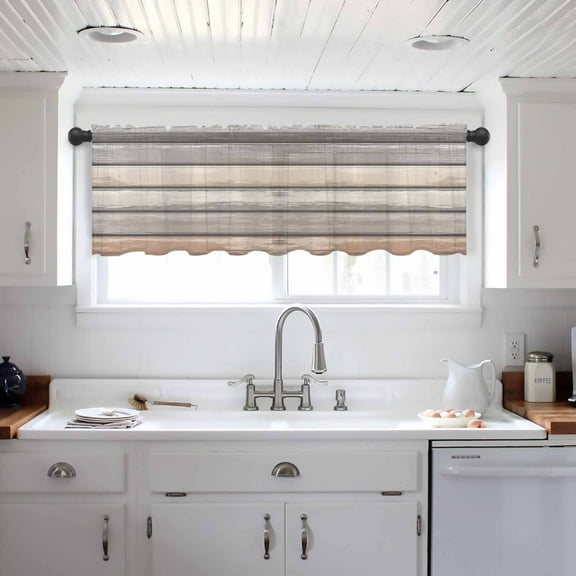 Brown Beige Stripes Valance Curtains for Kitchen/Living Room/Bathroom/Bedroom Window, Geometric Painting Neutral Textured Rod Pocket Small Topper Half Short Window Curtains Voile Sheer Scarf 42"x18"