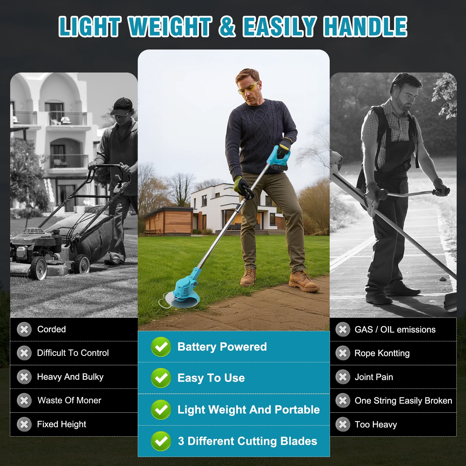 BAOKALER 24V Cordless Weed Trimmer, 650W Electric Weed Wacker, Battery Powered Weed Eater for Lawn Yard Garden, 2PC 2000mAh Batteries and Charger, 3 Types of Blades, Blue