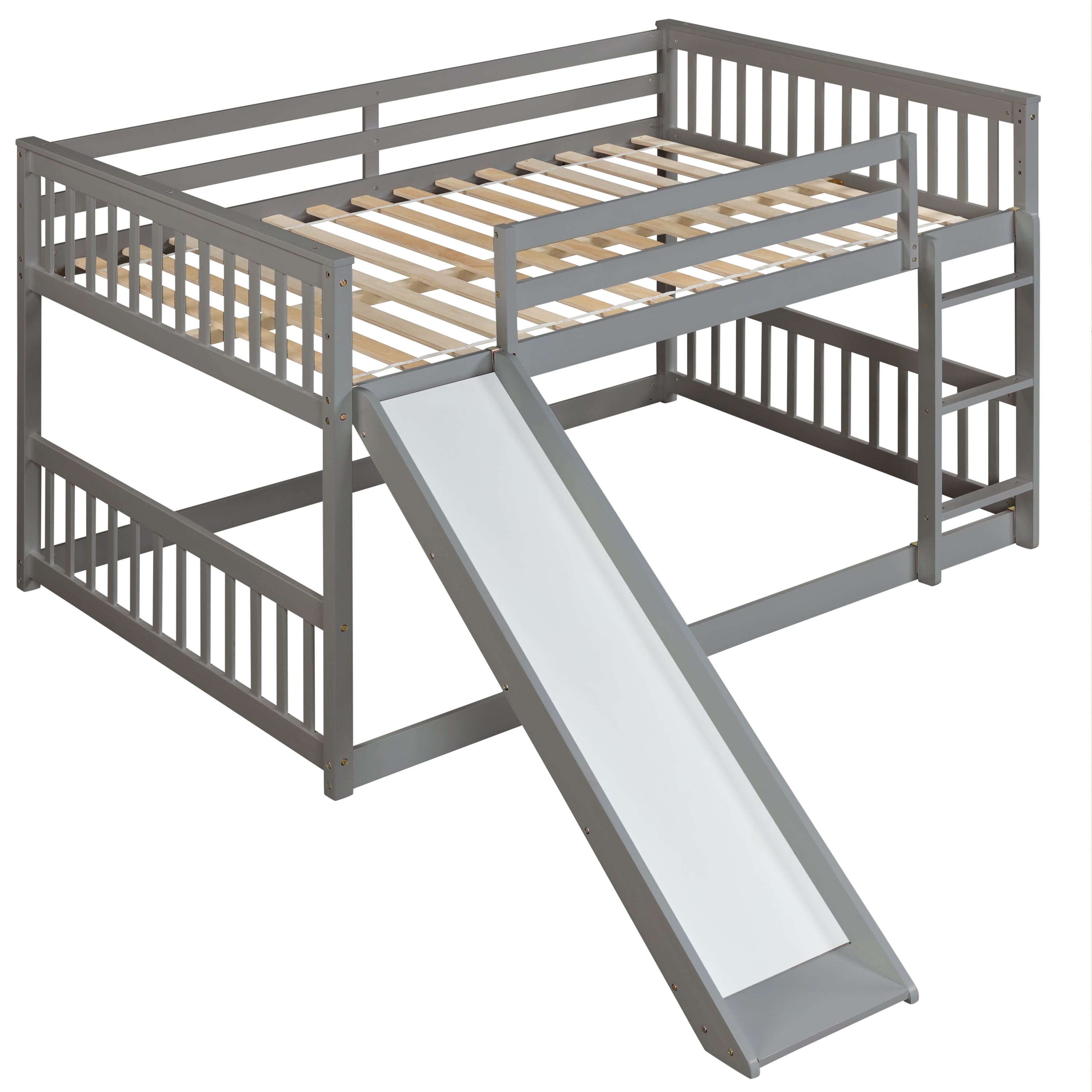 Euroco Full over Full Bunk Bed with Slide for Kids Teens Room, Solid Wood Low Profile Bunk Bed, Gray
