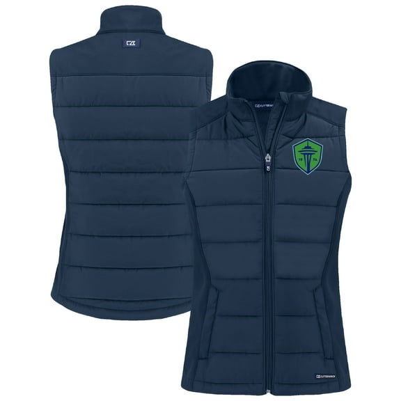 Women's Cutter & Buck Navy Seattle Sounders FC  Evoke Hybrid Eco Softshell Recycled Full-Zip Vest