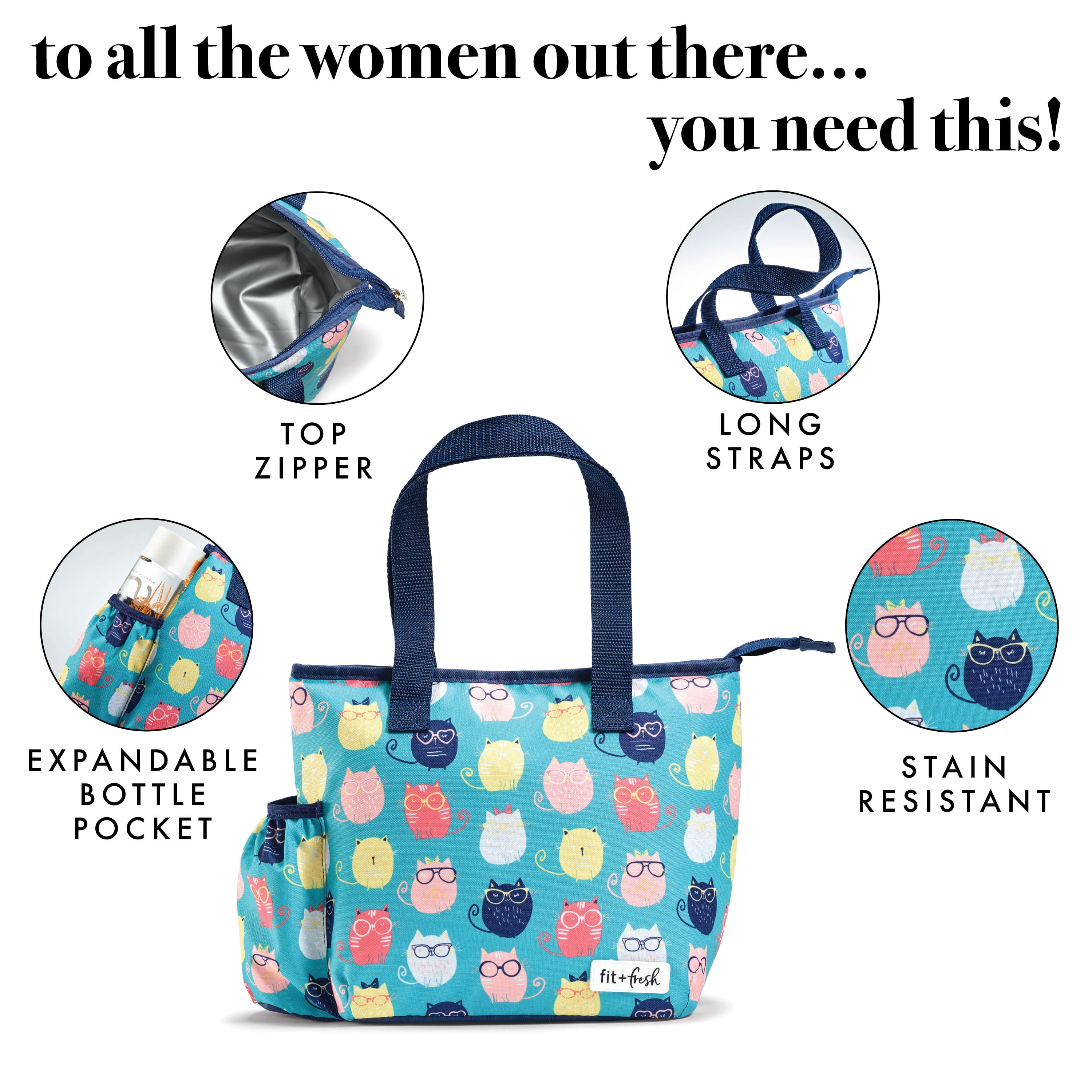 Fit + Fresh Lunch Bag for Women with Salad Container, Aqua with Multi-Color Cats