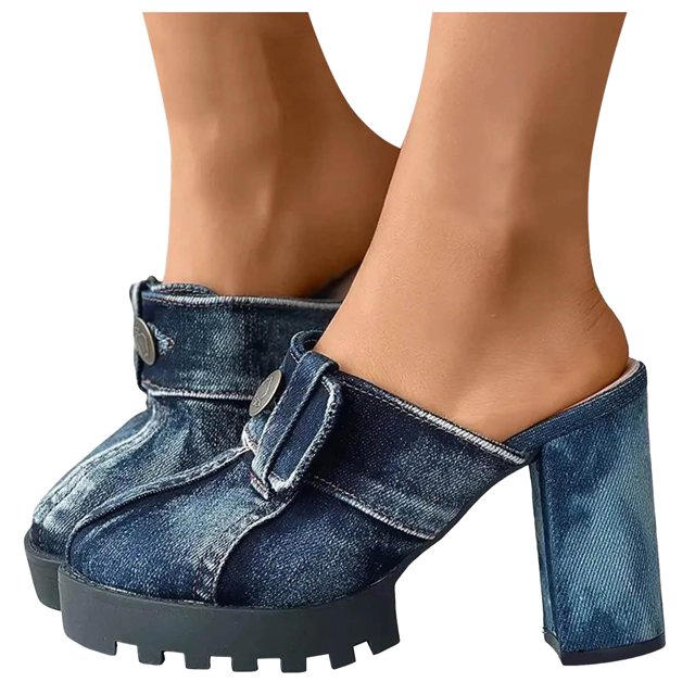 Womens Jeans Platform Mules High Heels Retro Casual Denim Chunky Pumps Summer Closed Toe Clogs Slides Sandals