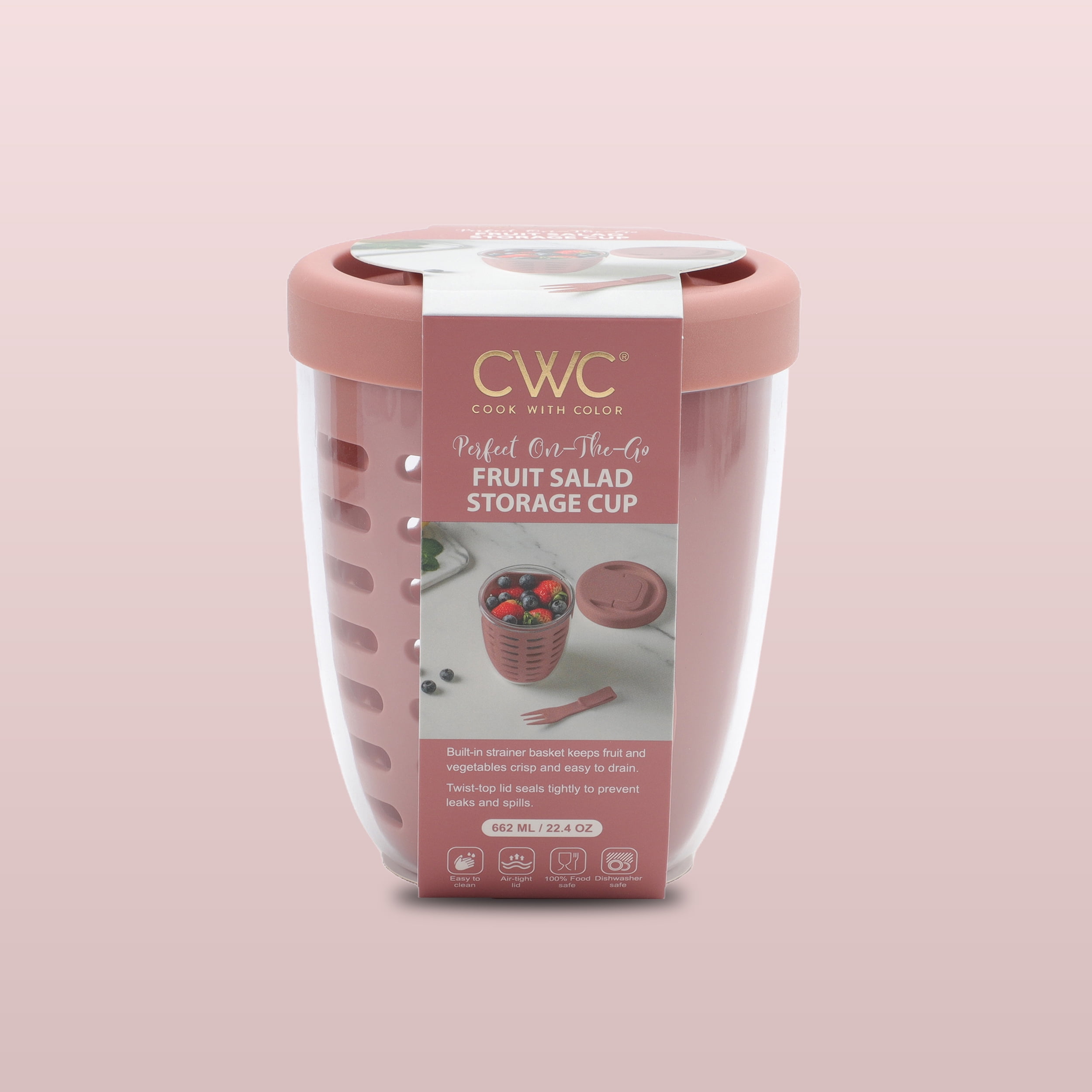 Cook with Color Berry Cup with Removable Colander and Fork, BPA-Free, Dishwasher Safe, Pink