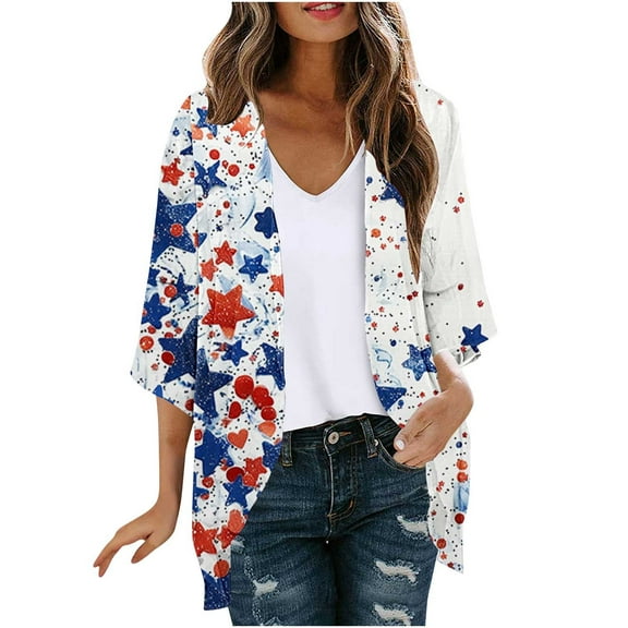 ZQUUVOU July 4Th Shirts Women's Cardigan Printed Long Sleeved Tops (Multicolor,2XL)