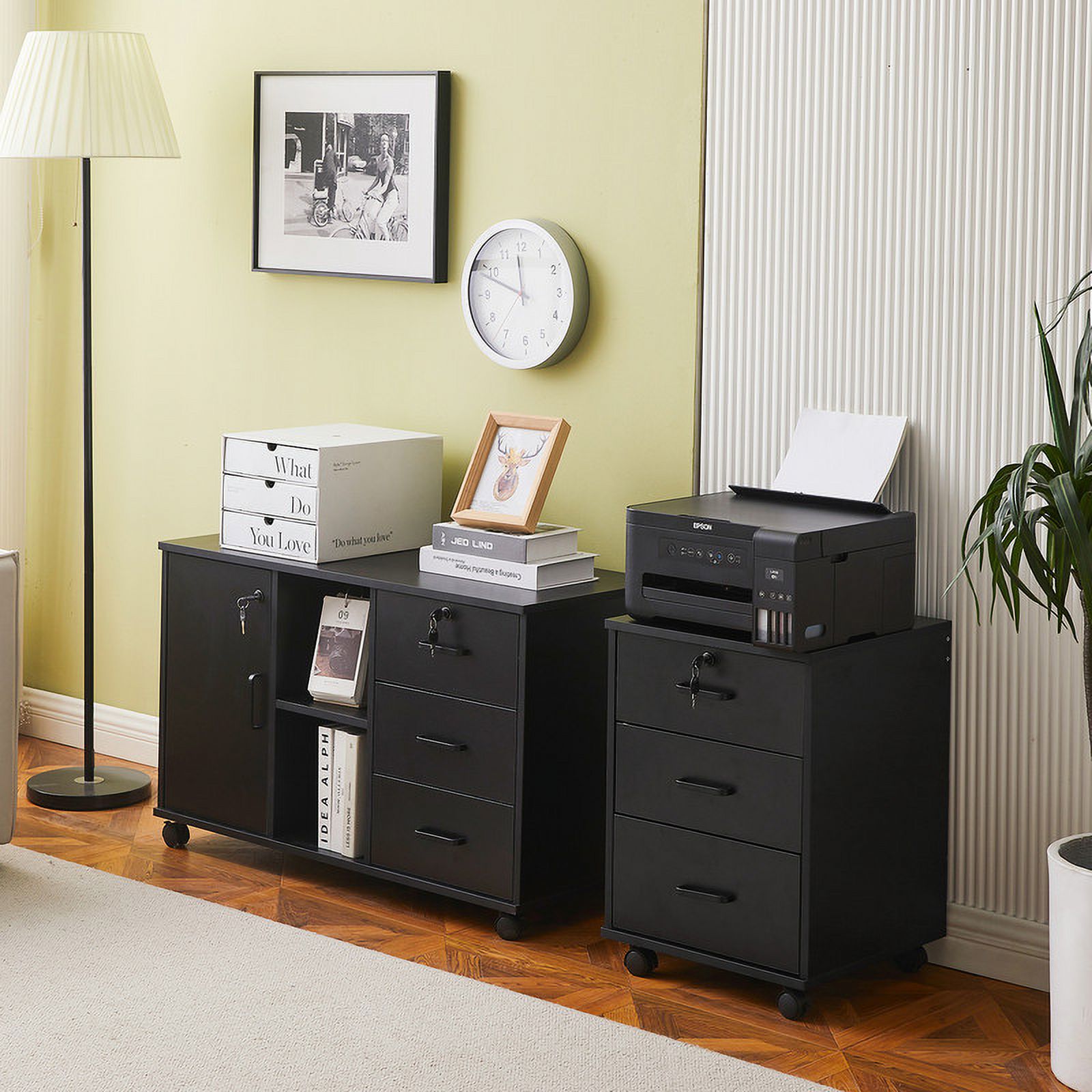 Clipop Set of 2 Mobile File Cabinet 3 Drawers,Lockable Wooden Cabinet,for A4 Sized Documents,Black