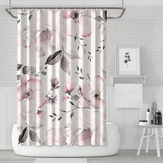 Pink White Floral Pretty ELegant (5) Shower Curtain Reusable Shower Liner,Pattern Polyester Bathroom Curtain,Shower Curtains Set with Snap-in,72x72Inch