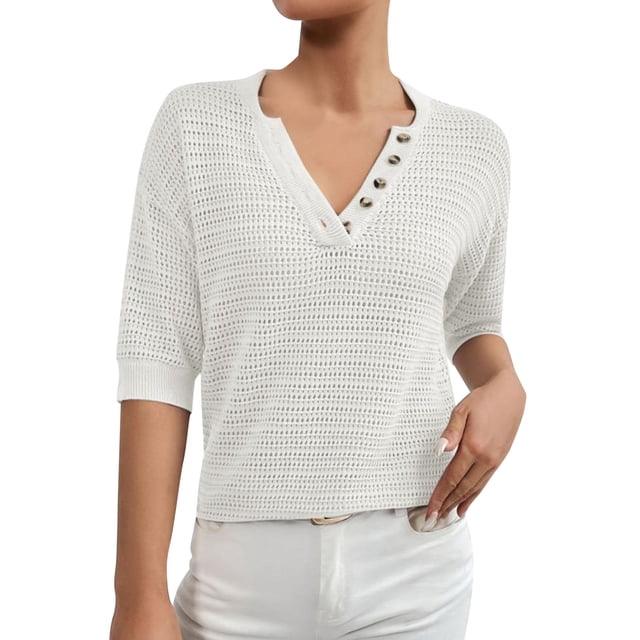 JFHHQ Style Européen Chandail Tricoté à Col en V Ajouré pour Femmes Printemps Été Manches Courtes TPblanc