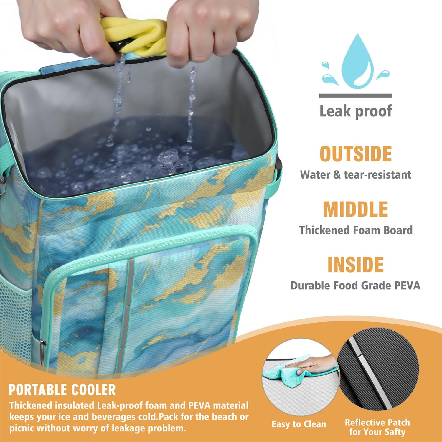 Travel Cooler Bag - Teal Gold Marble Camping Beer Cooler Backpack with Bottle Opener- Waterproof Insulated Picnic Backpacks - Cooler Bag for Beach