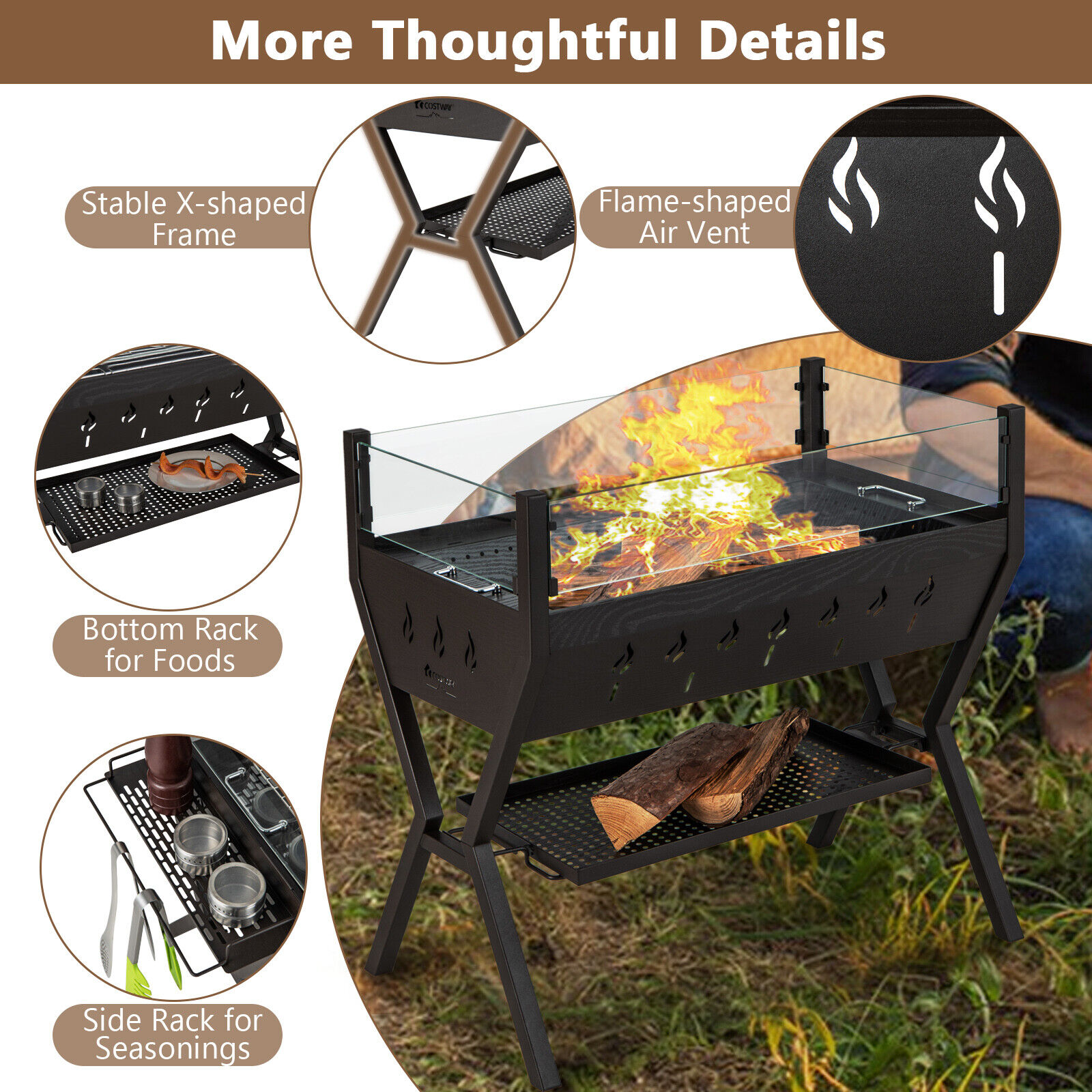 Amijoy Stainless Steel Barbecue Charcoal Grill With Unique Glass Windshield, Seasoning And Storage Rack, Heating And Cooking Grill, Outdoor Barbecue Grill