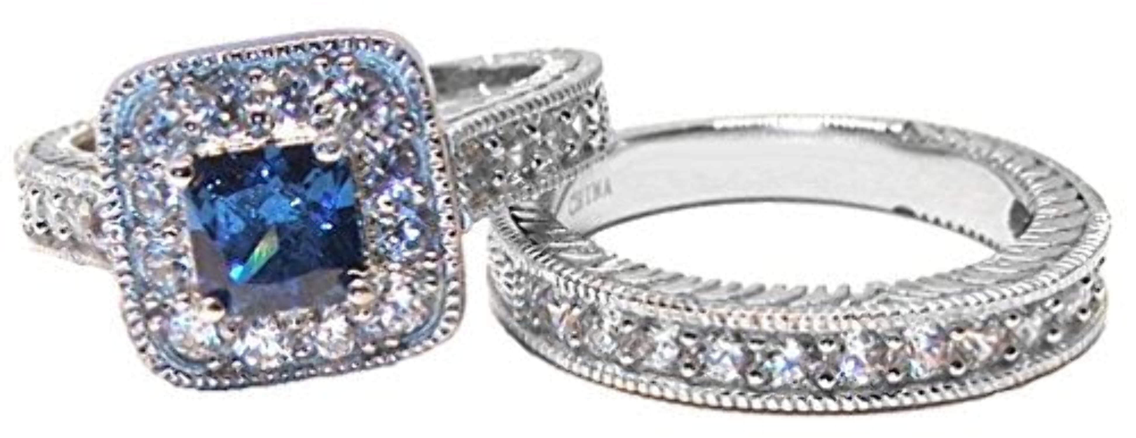 EEJ His Hers Blue & Clear Cz Wedding Ring Set Sterling Silver and Stai His Hers Blue \u0026 Clear Cz Wedding Ring Set Sterling Silver and