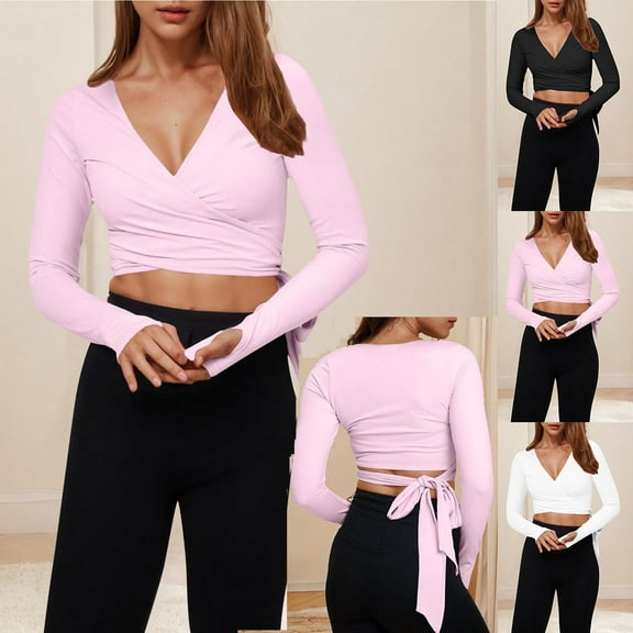 Olyvenn Stylish Women V Neck Tie Wrap Top Y2K Long Sleeve Cross Wrap Yoga Crop Top Slim Fit Tie Front Trendy Workout Shirt Pink L