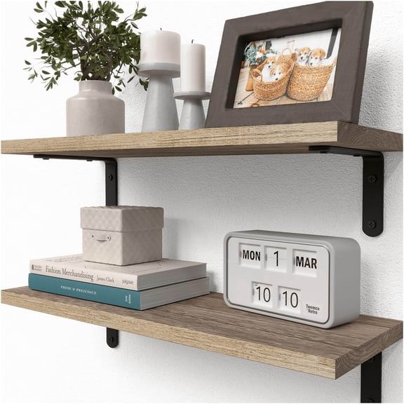 JERFIT 2-Pack Rustic Floating Shelves, 16.5" Farmhouse Wood Wall Shelves with Brackets for Bathroom, Kitchen, Bedroom Decor, Brown