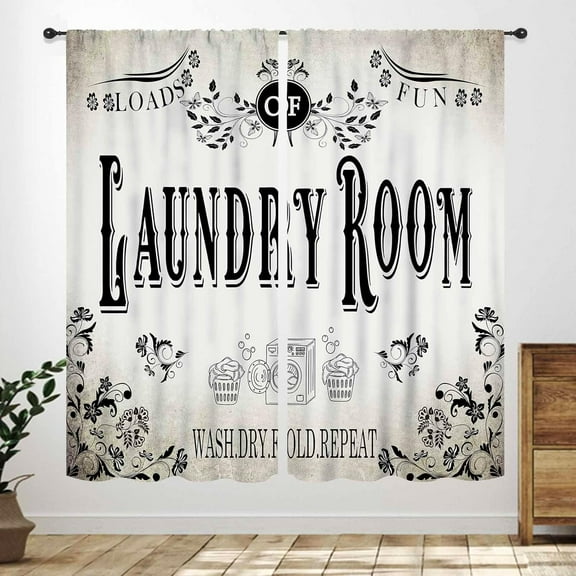 Laundry Room Curtains for Windows,Rustic Farmhouse Dry Wash Fold Repeat Country Vintage Brown Window Treatments Bedroom Living Room Bathroom Room Curtain 2 Panel,84X84 Inch