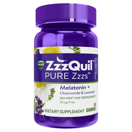 Vicks ZzzQuil PURE Zzzs Melatonin Sleep Aid Gummies with Chamomile, Lavender, & Valerian Root, 1mg, 48