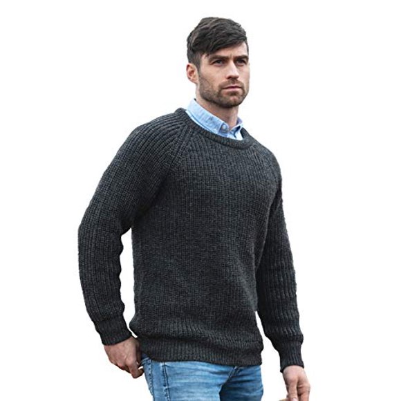 Aran Crafts Men's Fisherman Irish Rib Crew Neck Wool Sweater (C761-XL-CHAR) Charcoal