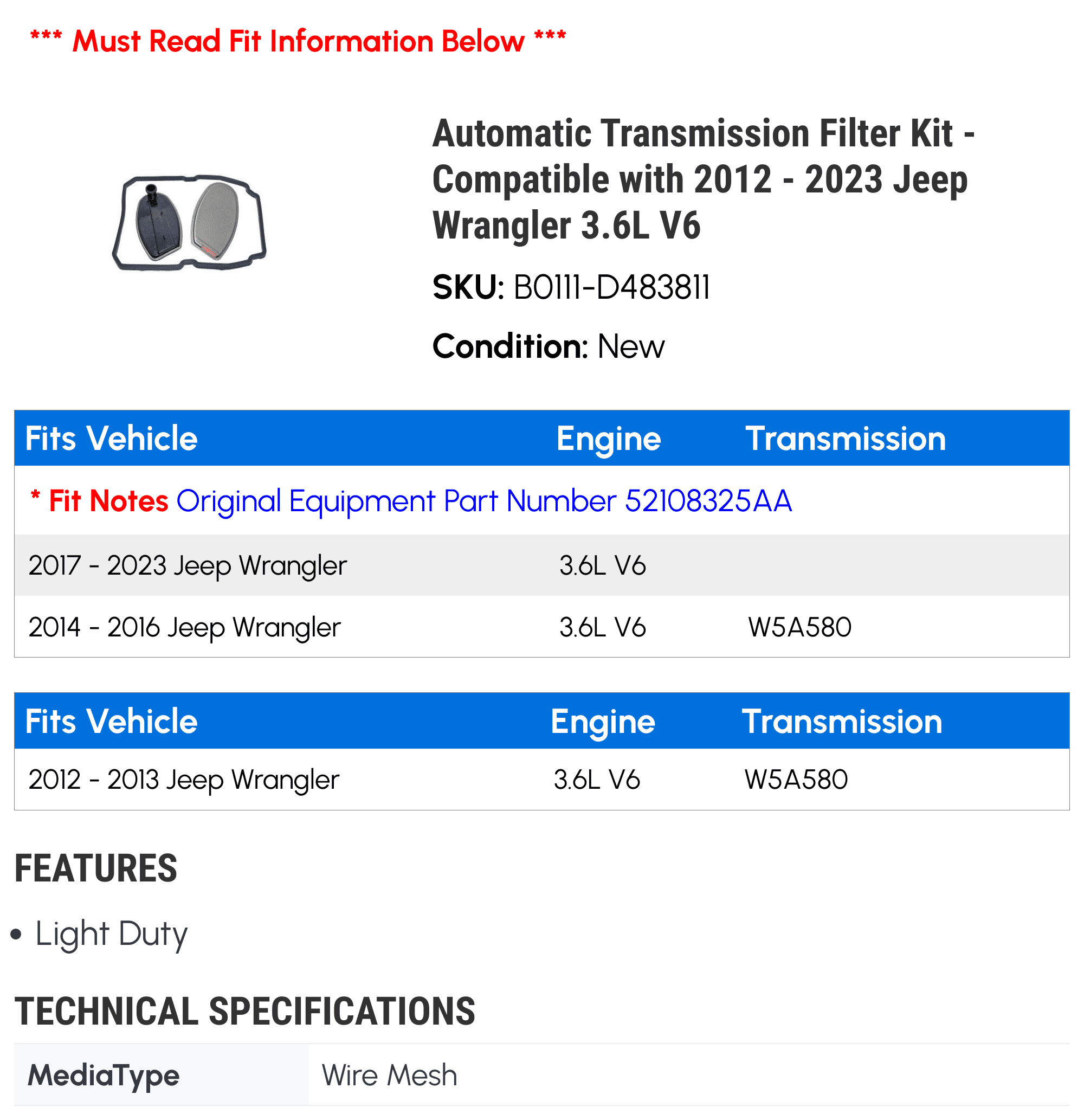 Automatic Transmission Filter Kit - Compatible with 2012 - 2023 Jeep Wrangler 3.6L V6 2013 2014 2015 2016 2017 2018 2019 2020 2021 2022