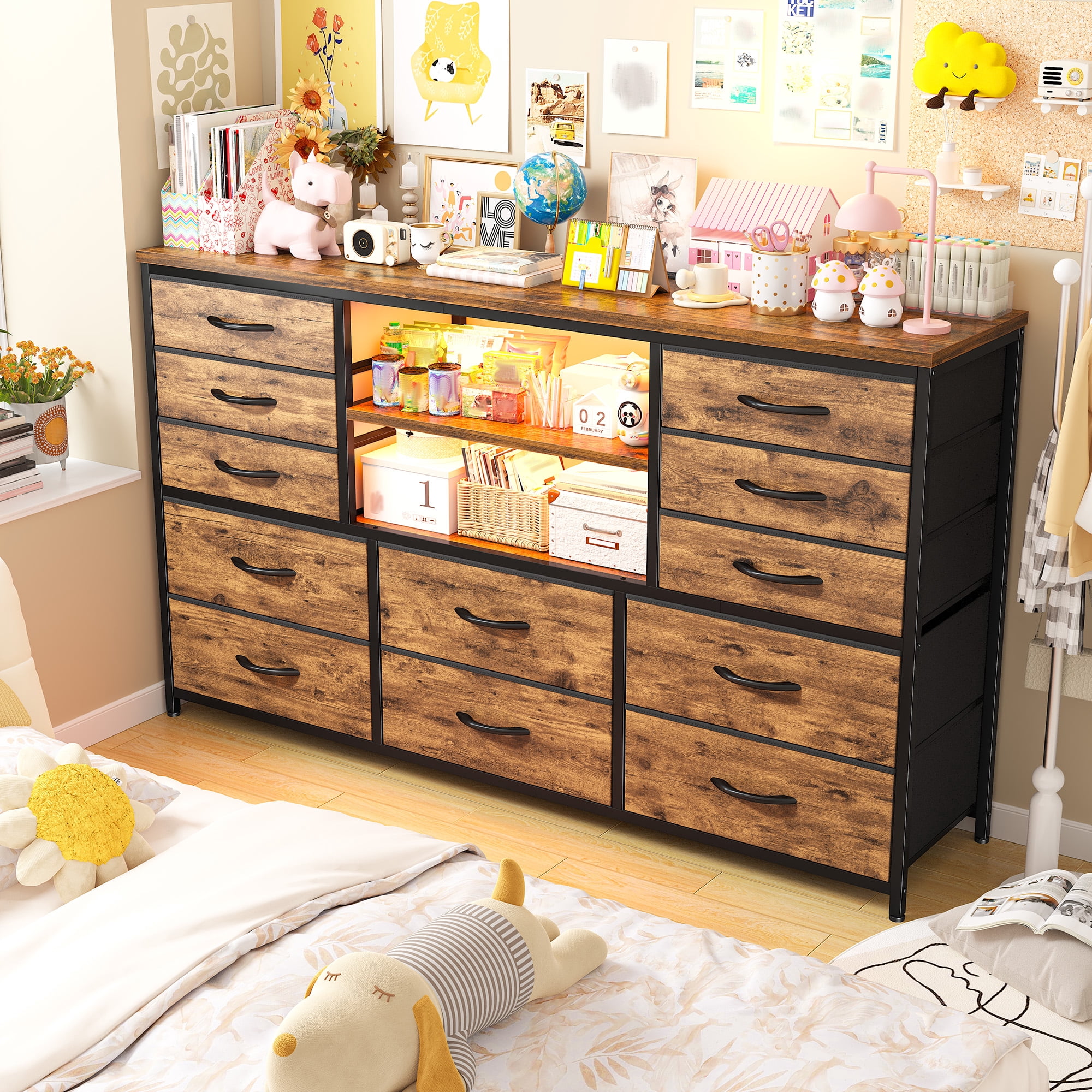 reibii TV Stand for 55'' TV Dresser for Bedroom,LED TV Stand with Storage 12 Fabric Drawers Dresser with Entertainment Center,Power Outlet,Rustic Brown