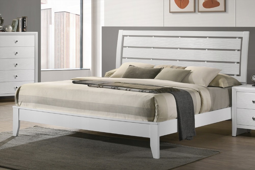King Size Wooden Platform Bed Frame with Geometric Design, White Finish, for Bedroom