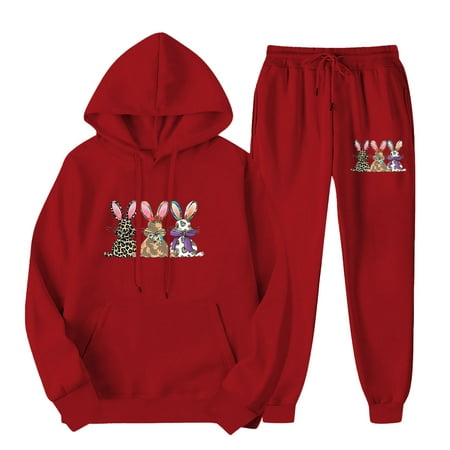 BLTIBY 2025 Women s 2 Piece Tracksuit Sweatsuits Sets Hoodie Sweatshirts Long Sleeve and Jogging Sweatpants Suit Easter Printed Drawstring Fashion Outfits with Pockets Red L
