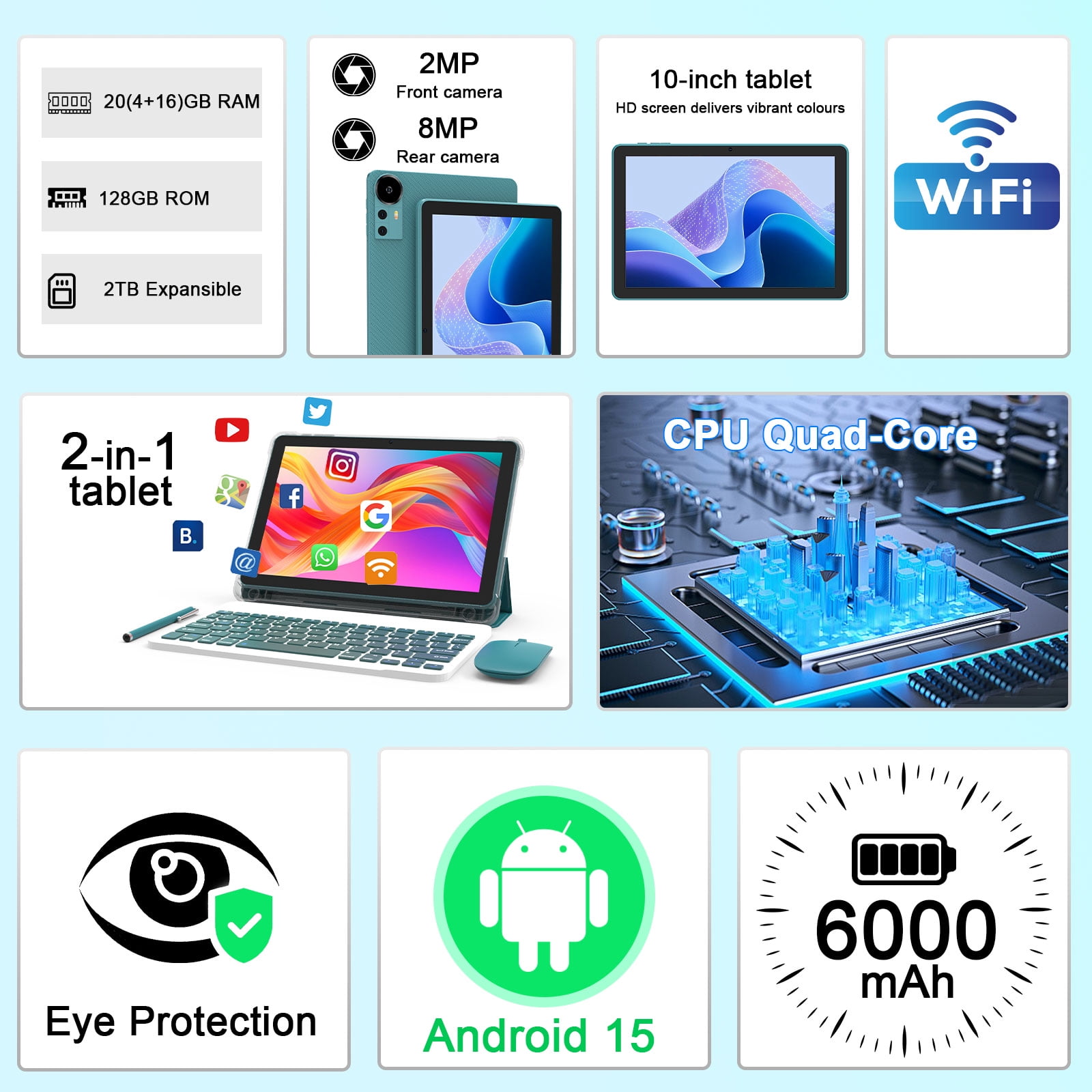 CUPEISI Android 15 Tablet 10 Inch, 20GB RAM+128GB ROM/2TB Expandable, 2.0GHz Quad-core Processor, 1280*800 IPS HD Screen, 5G WiFi 6 BT 5.0, 2 in 1 Tablets with Keyboard Case Mouse Stylus, Widevine L1