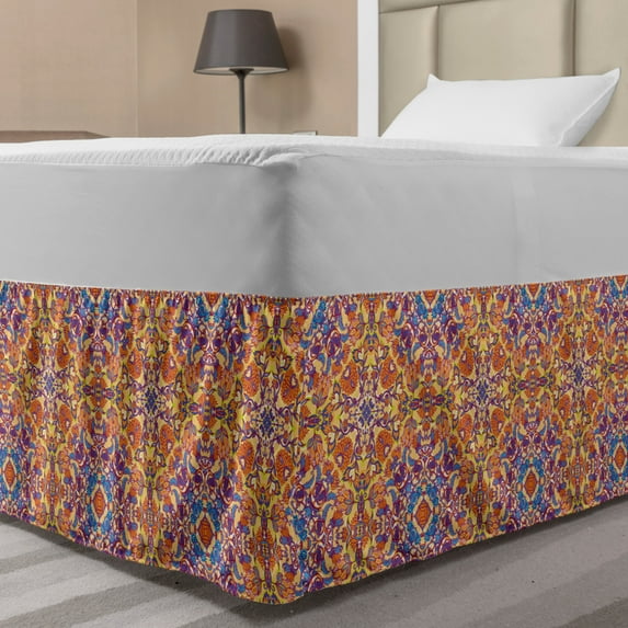Mandala Bed Skirt, Floral Pattern with Symmetrical Elements Design Eastern, Elastic Bedskirt Dust Ruffle Wrap Around for Bedding Decor, 4 Sizes, Multicolor, by Ambesonne
