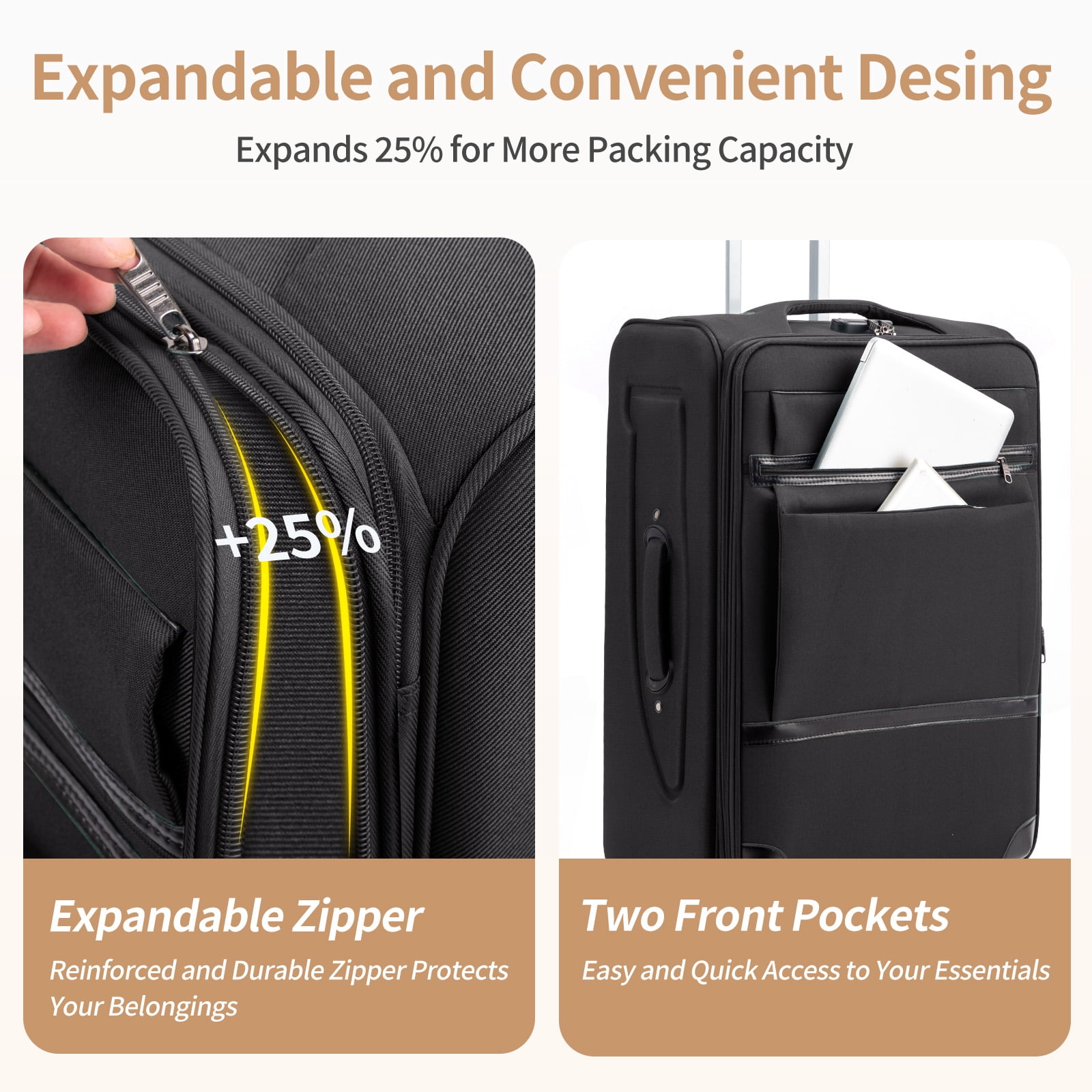 Ktaxon 3-Piece Softside Luggage Set With 8 Set Pcaking Cube TSA Lock, 360° Spinner Wheels Black