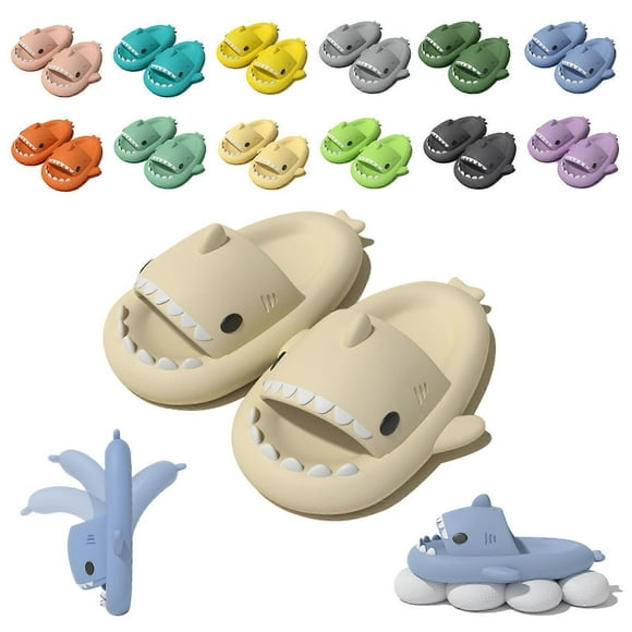 (beige 38-39)Shark Slides Kid Adult Women Men Shark Slippers - Cloud Shark Slide Beach Sandals Unisex Pillow House Slipper