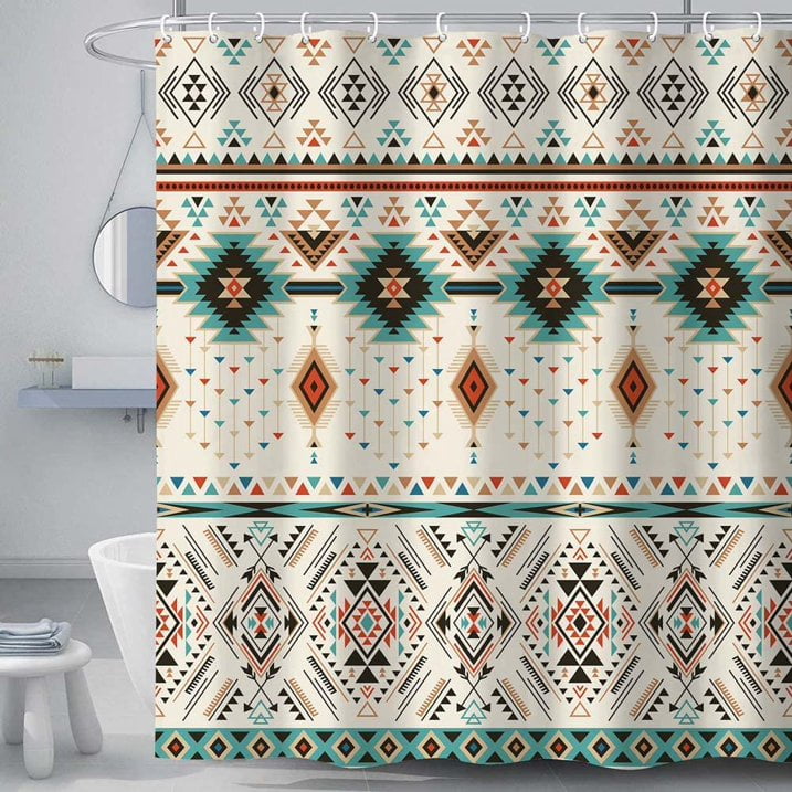 Western Vintage Shower Curtain for Bathroom, Southwestern Tribal Ethnic Abstract Triangular Geometric Waterproof Fabric Bath Curtains Set, Bathroom Decor with Hooks, 72x75in Beige