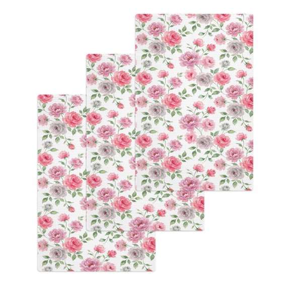 Pink Gray Roses Kitchen Dish Towels for Drying Dishes Set of 3, Farmhouse Botanical Flowers Blossom Waffle Weave Microfiber Hand Tea Bathroom Towels Quick Dry & Absorbent Towel 15.7x23.6