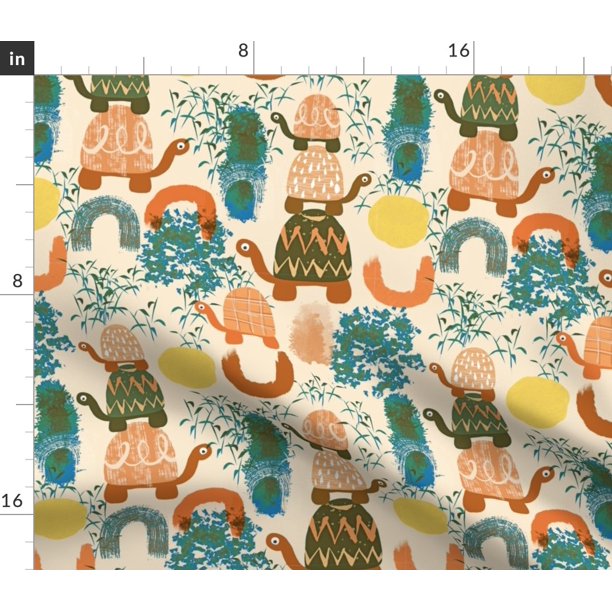 Denim Fabric by the Yard Village Retro Modern Turtles Mid Century