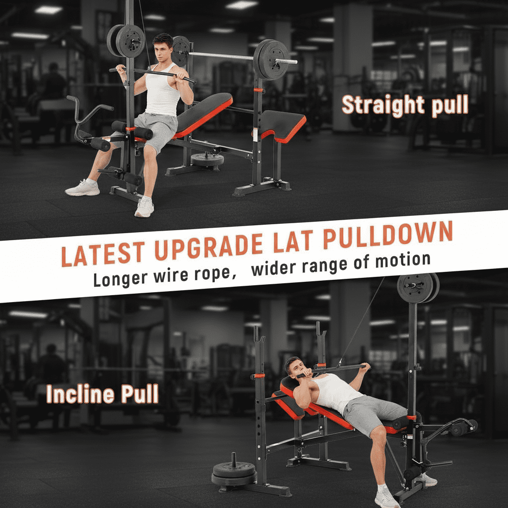 PUATUL 1500LB 8 IN 1 Olympic Weight Bench with Lat Pulldown Attachment and Leg Extension/Curl, Foldable Incline Bench Press with Preacher Curl & Barbell Squat Rack,  Workout Bench for Home Gym