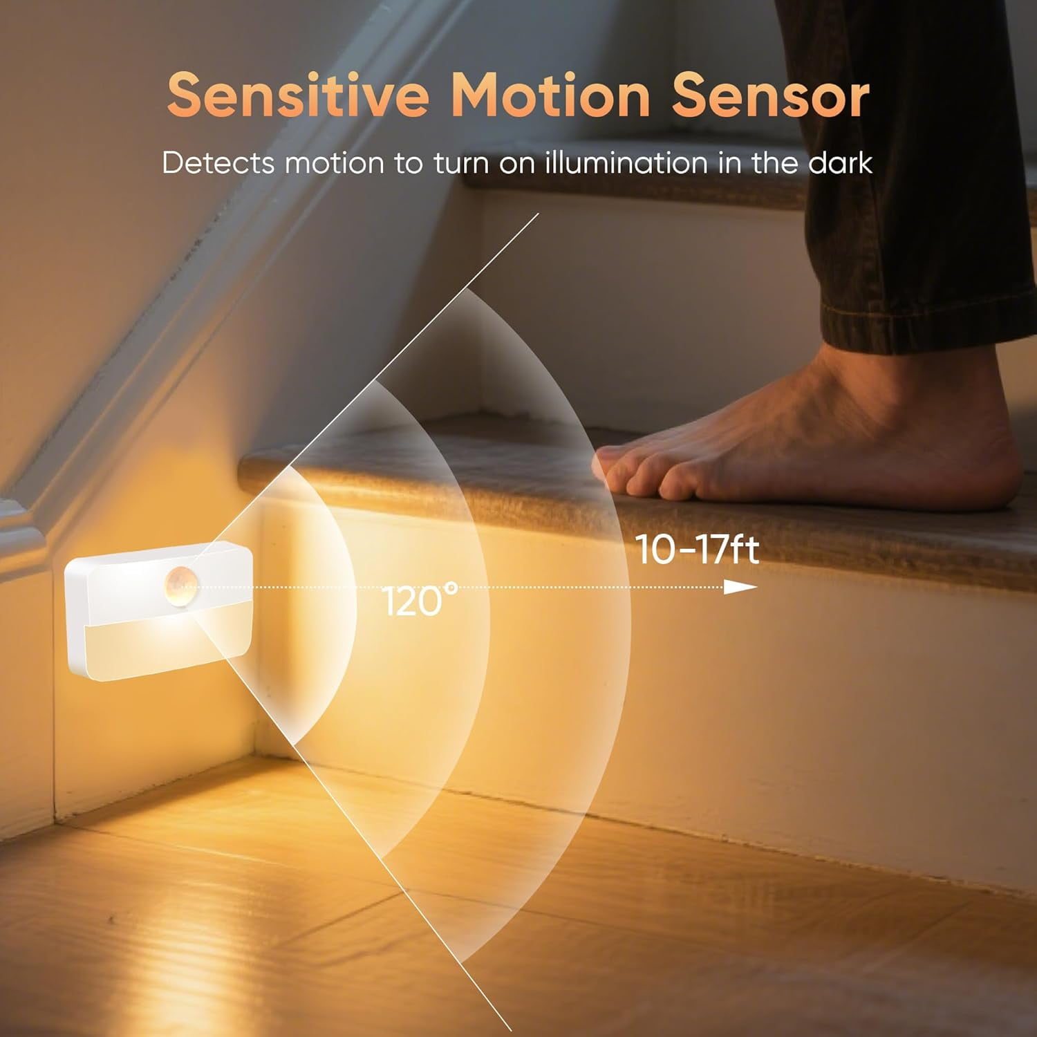 6 Pack Motion Sensor Night Light for Indoor:Battery Operated Stair Lights LED 3000k Step Lights - Motion Sensor Lamp for Cabinet Closet Hallway Bedroom Stairs (Battery Powered)
