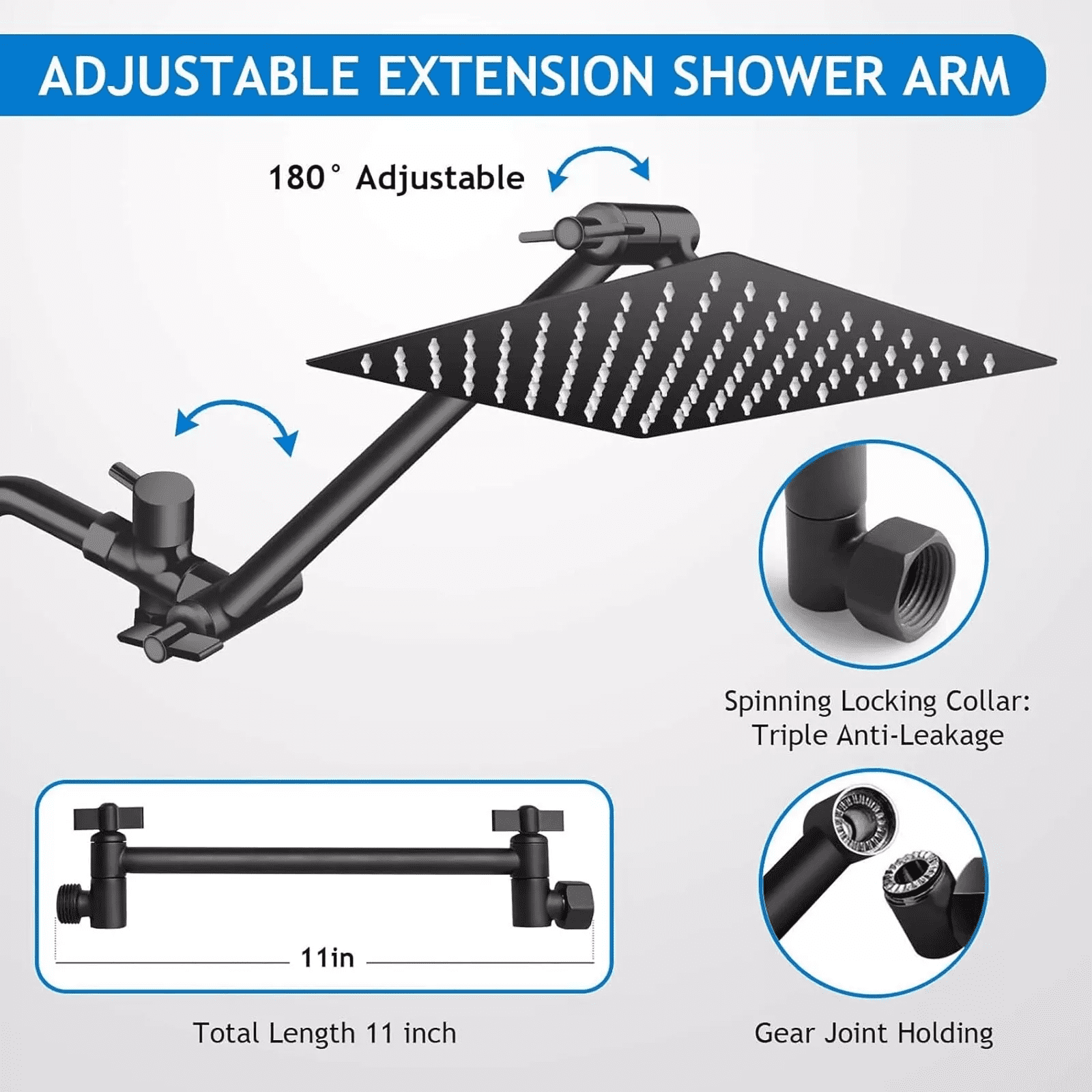 Shower Head Combo,8 Inch High Pressure Rain Shower Head with 11 Inch Adjustable Extension Arm and 3 Settings Handheld Shower Head Combo with Long Hose