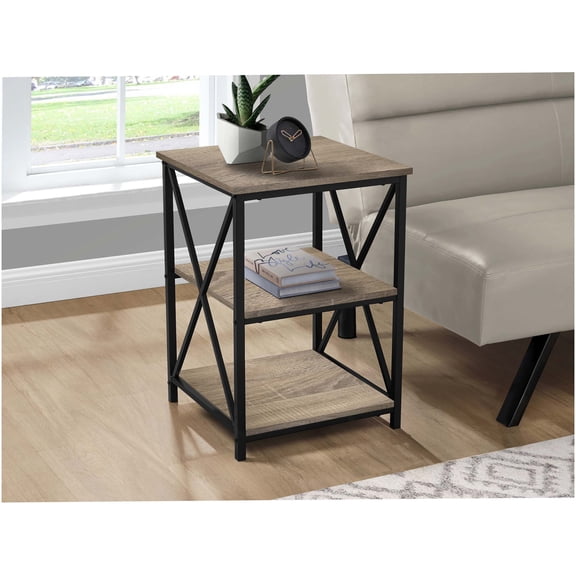Modern Taupe 3-Tier Accent Table with Metal Base, Small End Table with Shelves for Living Room, Bedroom, Nightstand