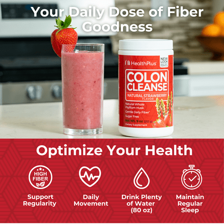 Health Plus Colon Cleanse Digestive Support | No Artificial Flavors | Daily Fiber for Toxin Elimination To Reduce Bloating | Psyllium Husk | Strawberry Flavor | 9 Ounces, 36 Servings
