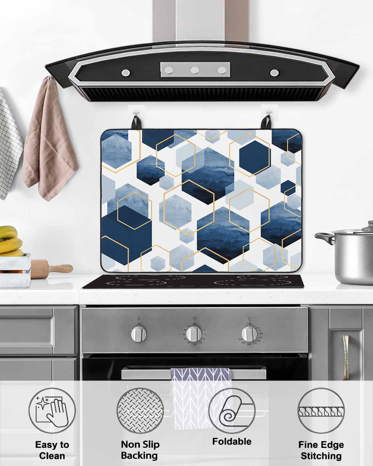 nqOlkjepod Large Induction Cooktop Protector Mat 36"x21", Navy Blue Geometric Stove Top Covers for Electric Stove, Gold White Hexagon Modern Decorative Stove Burner Cover Mats, Glass Top Stove Cover