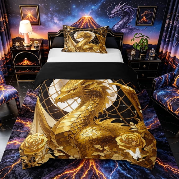 Metsweet Golden Dragon Twin Duvet Cover, Gothic Rose Moon Twin Bedding, Black Gold White,Black Reversible,2pcs,1 Duvet Cover and 1 Pillowcase