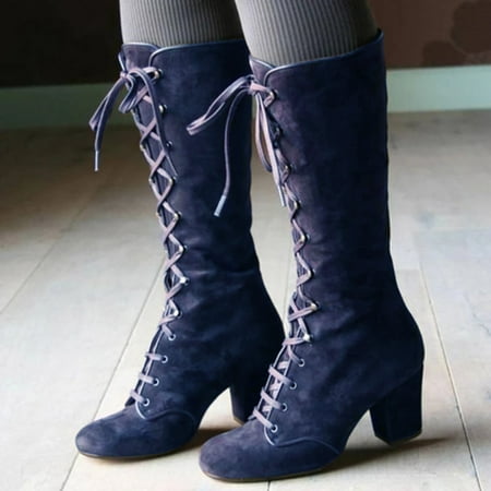 

Gubotare Boots for Women Western Boots Ladies Vintage Wide-calf Boots Winter Lace up Mid Calf Boots (Blue 7)