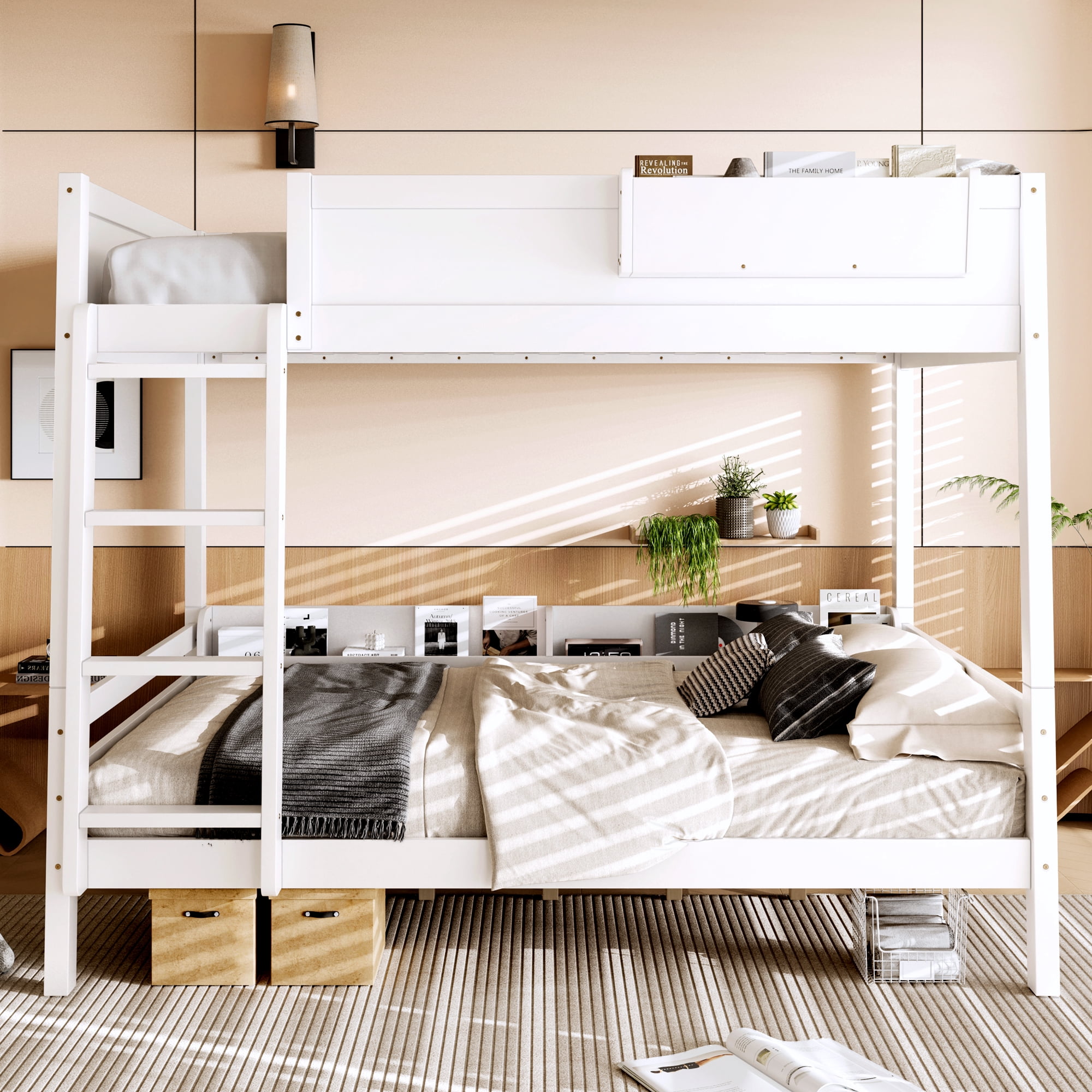 Mintazer Queen Over Queen Detachable Bunk Bed with Storage Shelf and Bookshelf, Modern Convertible Bunk Bed with Ladder and Guardrails for Bedroom Guest Room, White