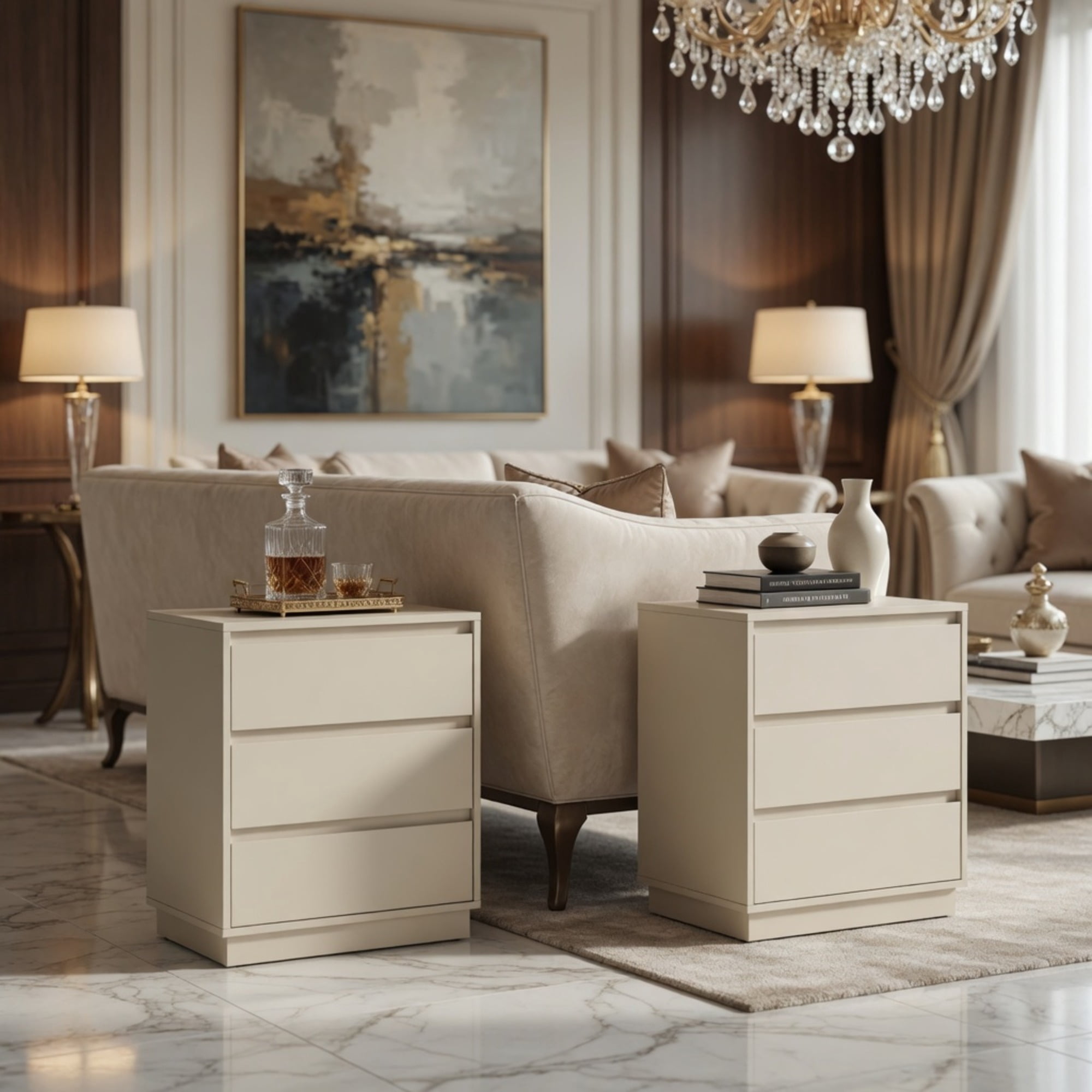 Set of 2, 23.6 Wide Beige Large Morden Wood Nightstand with 3 Drawers