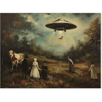 UFO Victorian Landscape Wall Art Funny Trippy Poster Eclectic Alien Abduction Oil Painting Canvas Prints for Living Room Bedroom Wall Decor 12X16 inch Unframed