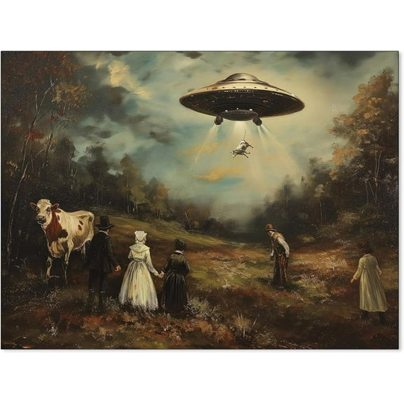 UFO Victorian Landscape Wall Art Funny Trippy Poster Eclectic Alien Abduction Oil Painting Canvas Prints for Living Room Bedroom Wall Decor 12X16 inch Unframed