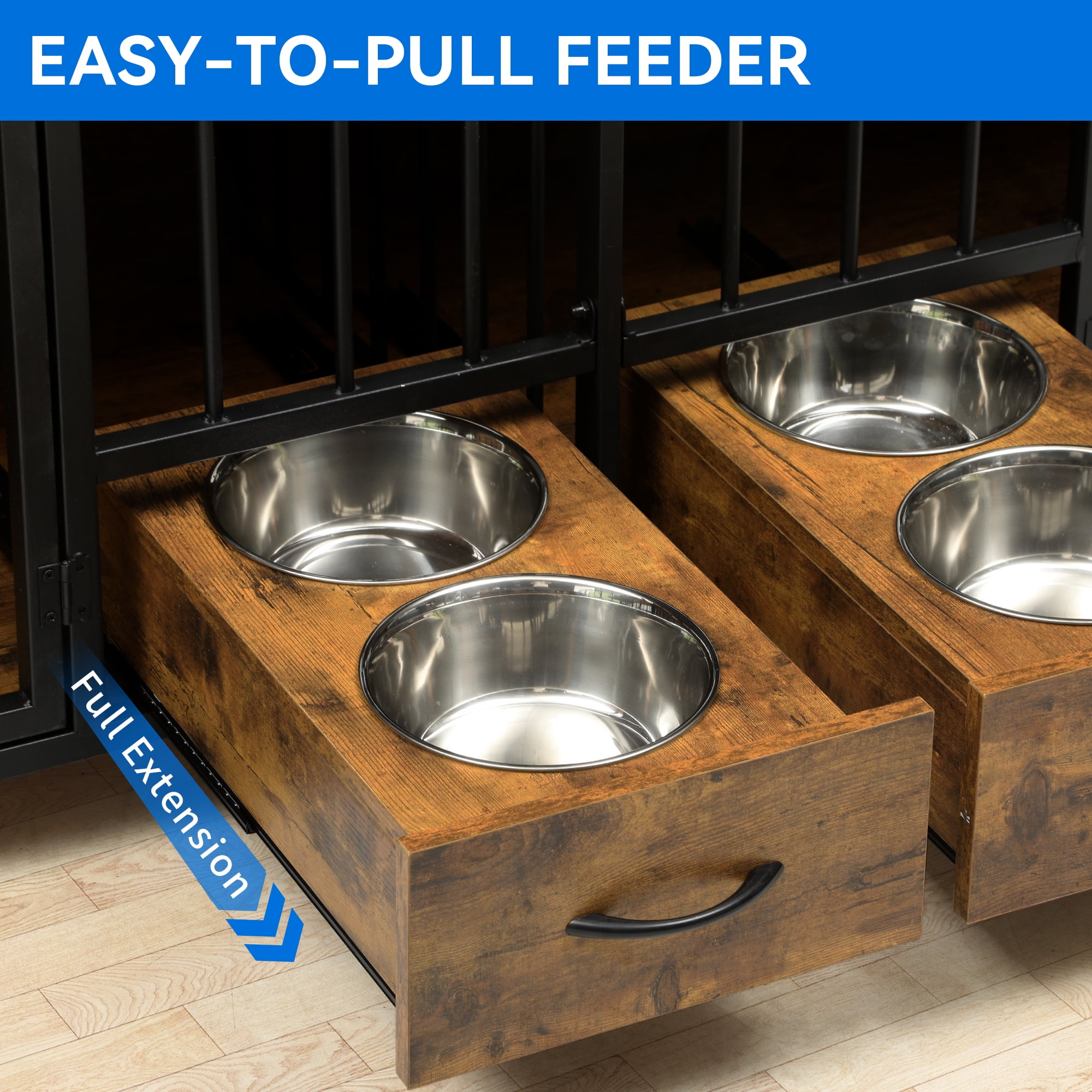 Dextrus Dog Crate Furniture Large Breed with Dog Feeder, 74.8" Inch Wooden Dog Kennel Furniture Indoor Heavy Duty Dog Crate with Drawers, TV Cansole Table2 Room Divider for 2 Medium Large Dogs