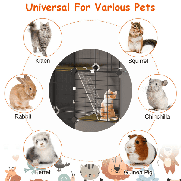 3‑Tier Multi‑Space Cat Enclosure Cage, Indoor Cat Play House with Litter Box Drawer, Reversible Hammock for Kittens, Rabbits, Chinchillas and Small Pets