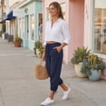 thumbnail image 3 of MLQIDK Pedal Pushers for Women Lounge Pant Dressy Casual Knee Length Elastic Waist Comfy Shorts Trendy Summer Linen Capri Pants with Pockets Navy 3XL, 3 of 6