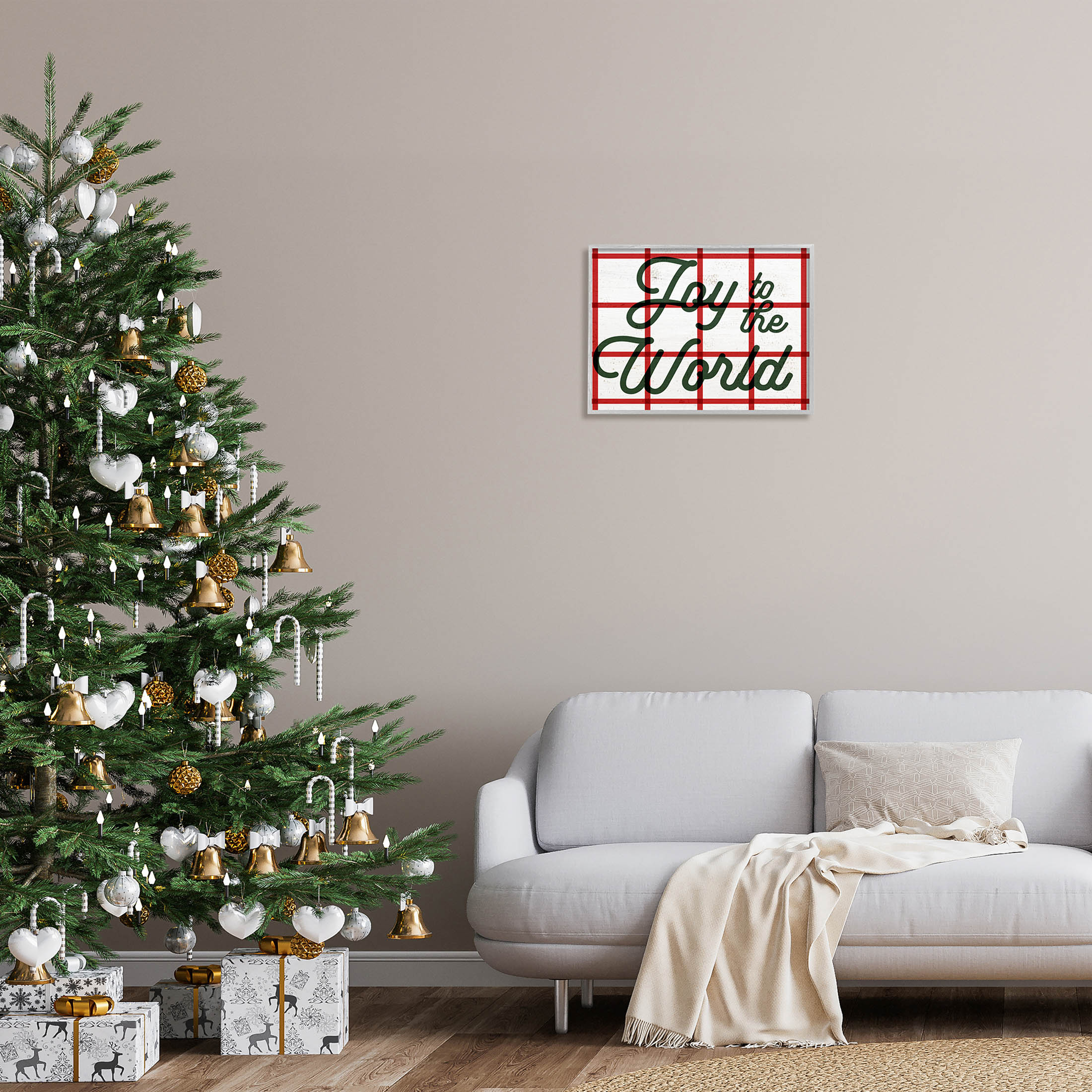 Joy To The World Tartan Phrase Holiday Graphic Art Gray Framed Art Print Wall Art