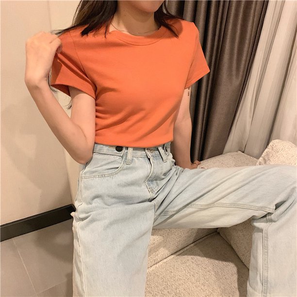 Verano De Color Sólido Camiseta Corta De Las Mujeres De Manga Casual Simple Toppangjing