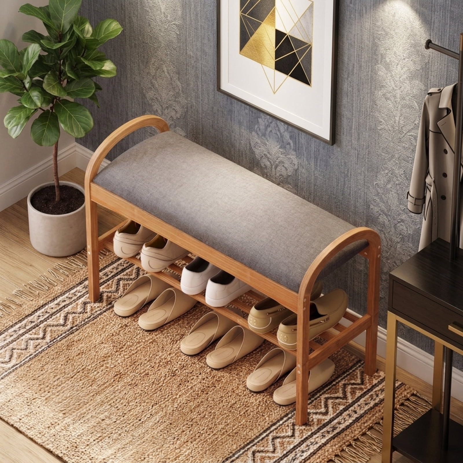 Furnibear 2 Tier Bamboo Shoe Bench with Padded Cushion and Slatted Shelf for Entryway Hallway and Bedroom Shoe Storage, Gray