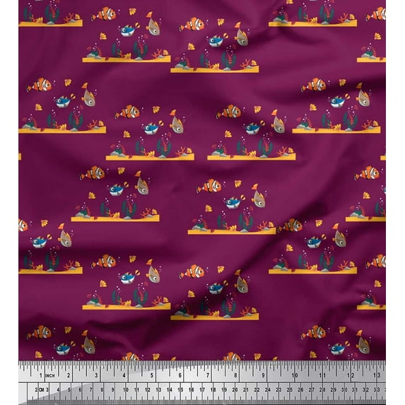 Soimoi Poly Georgette Fabric Coral & Fish Ocean Fabric Prints by Yard 42 Inch Wide